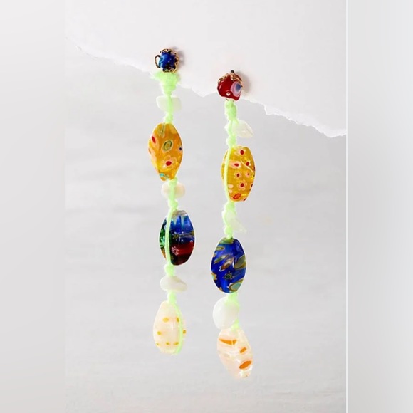 Free People x Ariana Ost Voyage Dangle Earrings (Yellow) Glass Beads Neon Thread - Picture 1 of 10